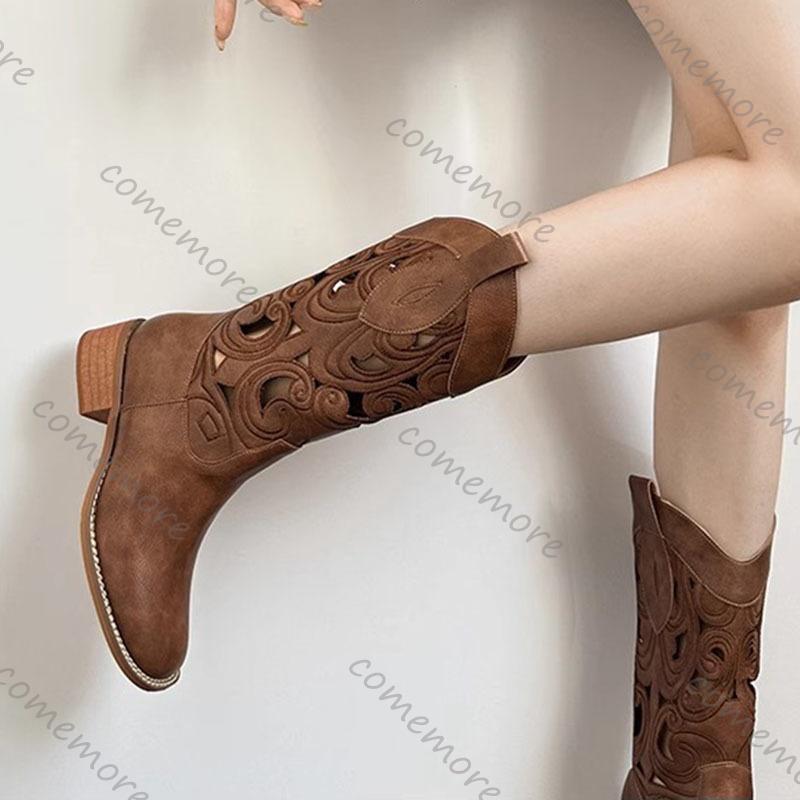 Comemore Hollow Out Western Cowboy Boots for Women 2025 Spring Summer Retro Embroidered Mid-calf Cool Boots Ethnic Knight Botas