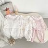 Baby Girls Spring Autumn Cotton Double Gauze Pajama Set with Lace Trim Cardigan and Long Pants