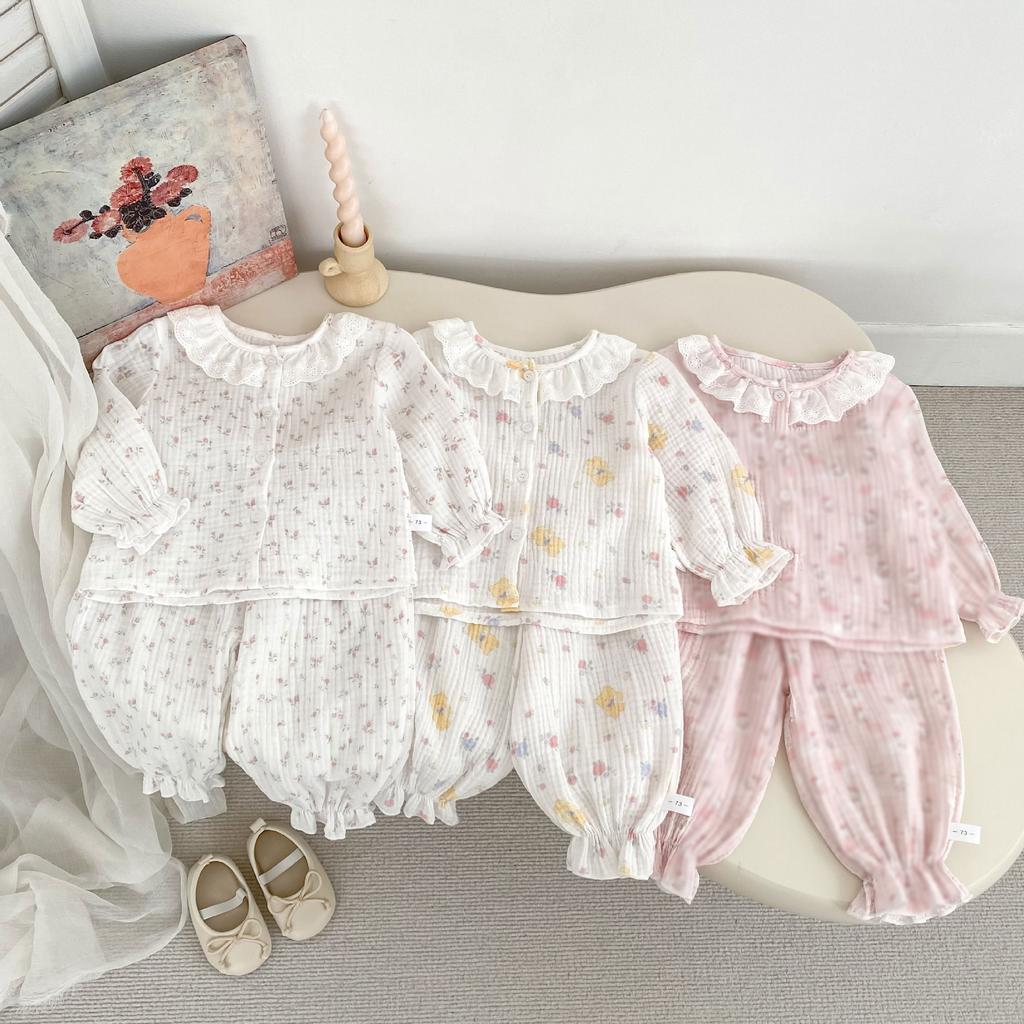 Baby Girls Spring Autumn Cotton Double Gauze Pajama Set with Lace Trim Cardigan and Long Pants