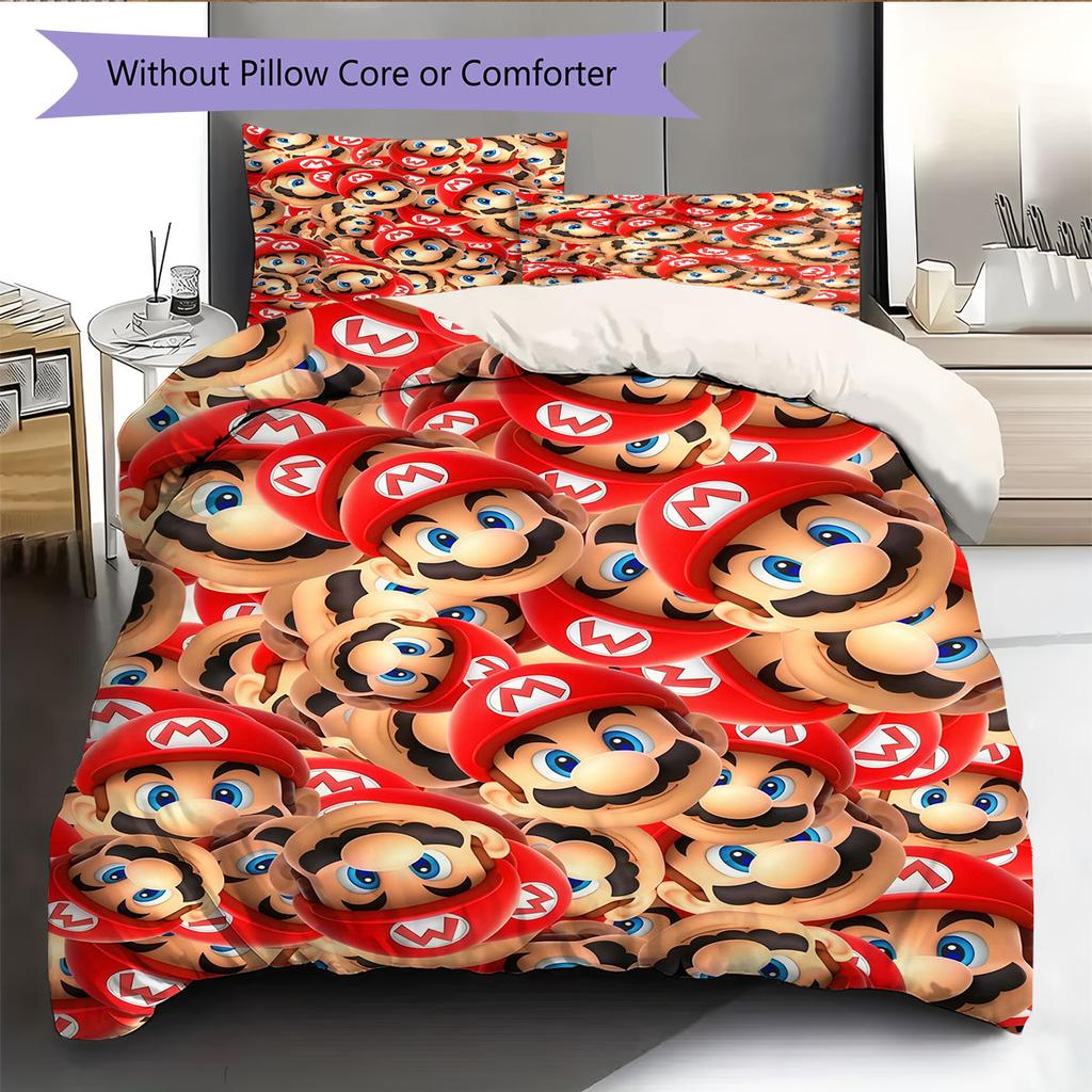 Mario Cartoon Pattern Bedding Home Decoration Birthday Gift ( 1 duvet cover + 2 pillowcase, without core),fan merchandise.
