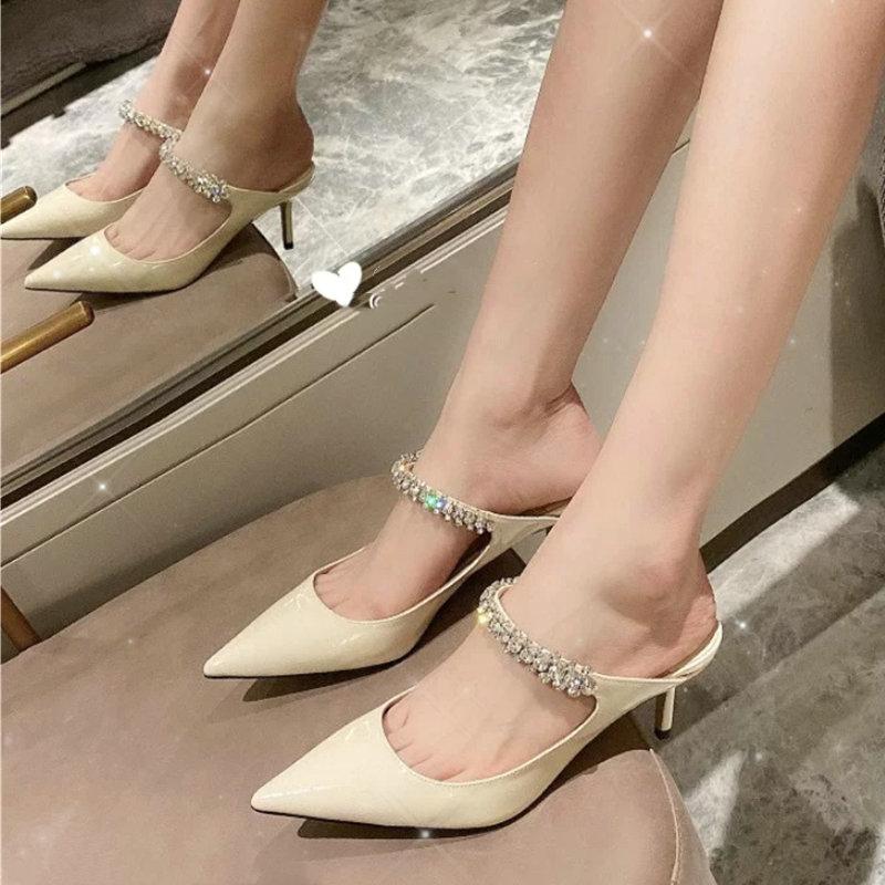 Fashion 2025 Summer New Baotou Half Slippers Women Fine With Pointy Head Rhinobarrhinos All Wear Network Red Tide High Heels