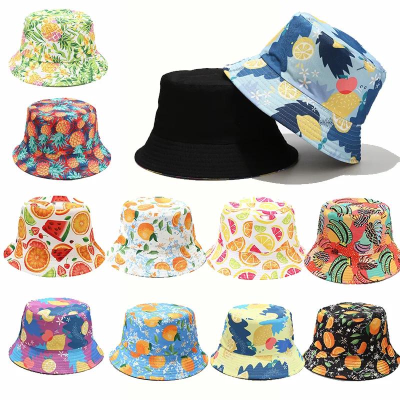 Summer Fruit Print Double-Sided Wearing Bucket Hats For Women Men Colorful Pineapple Lemon Panama Fisherman Caps Outdoor Sun Hat