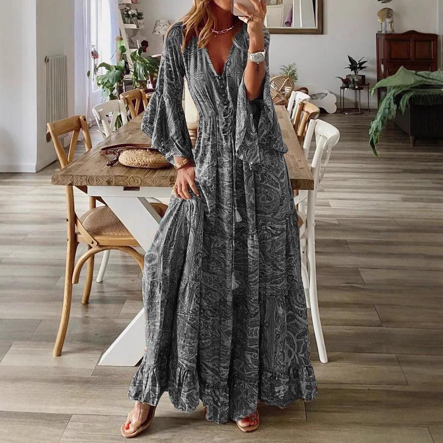 Bohemian Style Flared Sleeve Print V-neck High Waisted Vacation Dress with Floral Detailing for Women