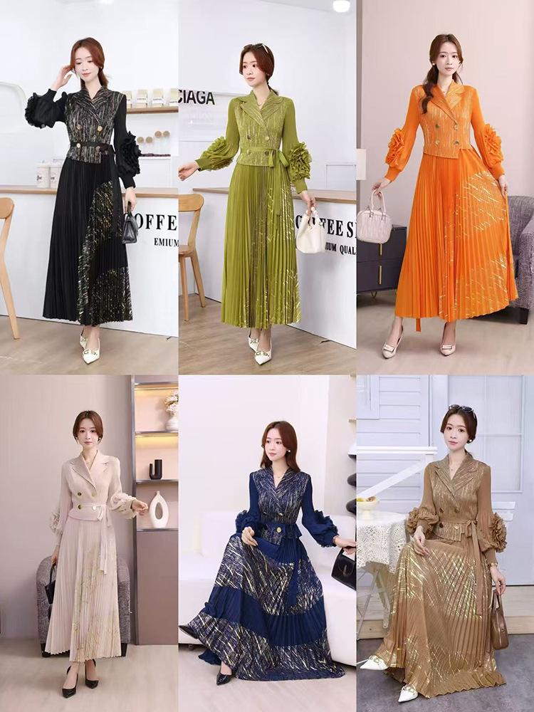 European and American Panhua 3D Floral Pleated Dress with Lantern Sleeves and Large Swing Skirt