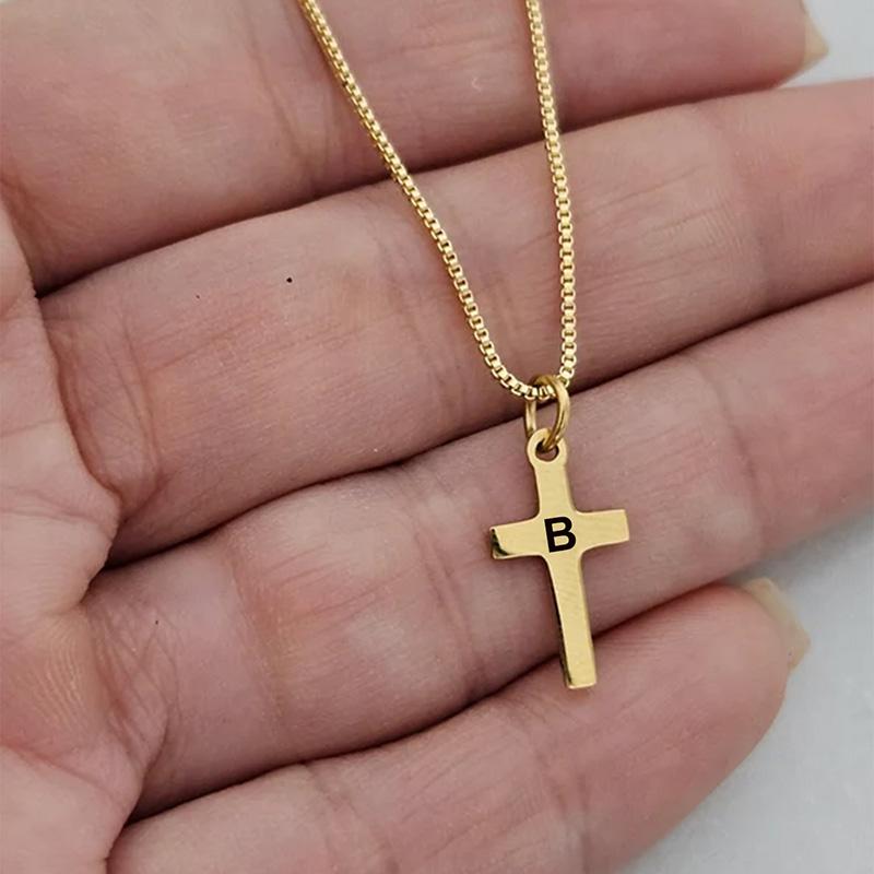 Engraved 26 Initial Letter Cross Pendant Necklace For Boys Girls Gold Plated Stainless Steel Children Jewelry