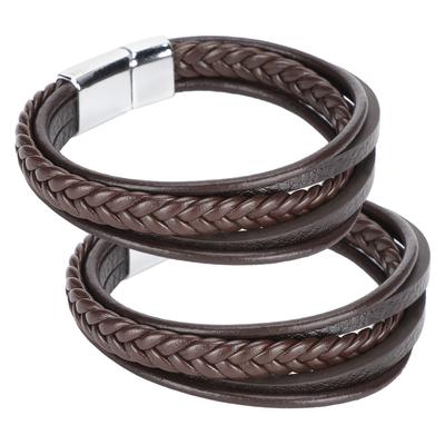 2Pcs Casual PU Leather Bracelet Woven Magnet Clasp Vintage Fashion Craft DecorationBrown Leather