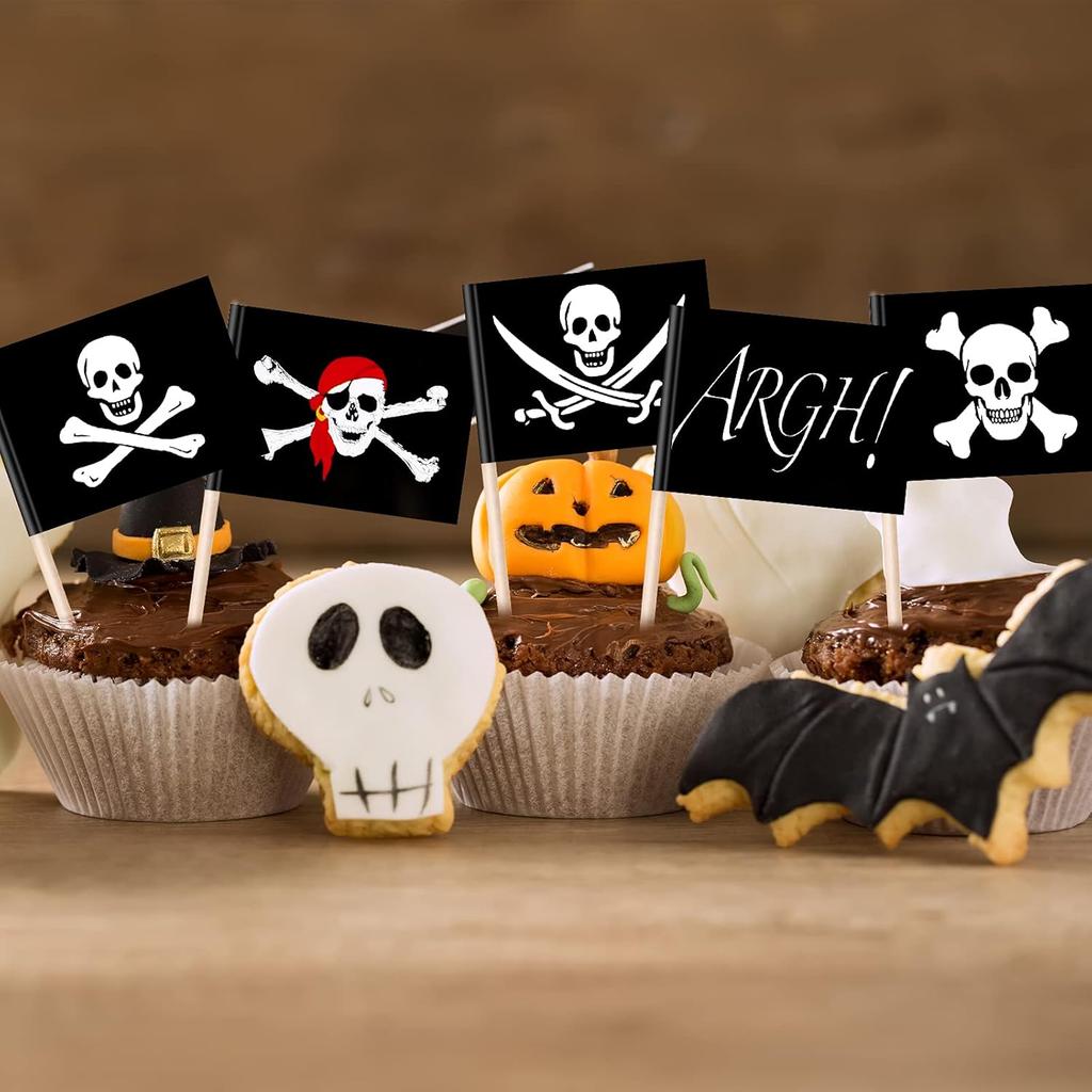 100 Pieces Pirate Cupcake Toppers Pirate Flag Toothpicks Cocktail Picks Food Picks Flags for Party Food Appetizer Cupcake Cocktail Decorations