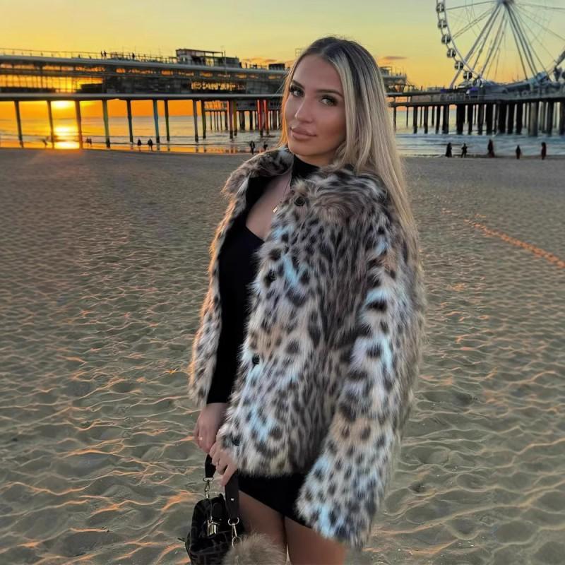Womens Leopard Print Faux Fur Coat Slim Fit Street Style Outerwear