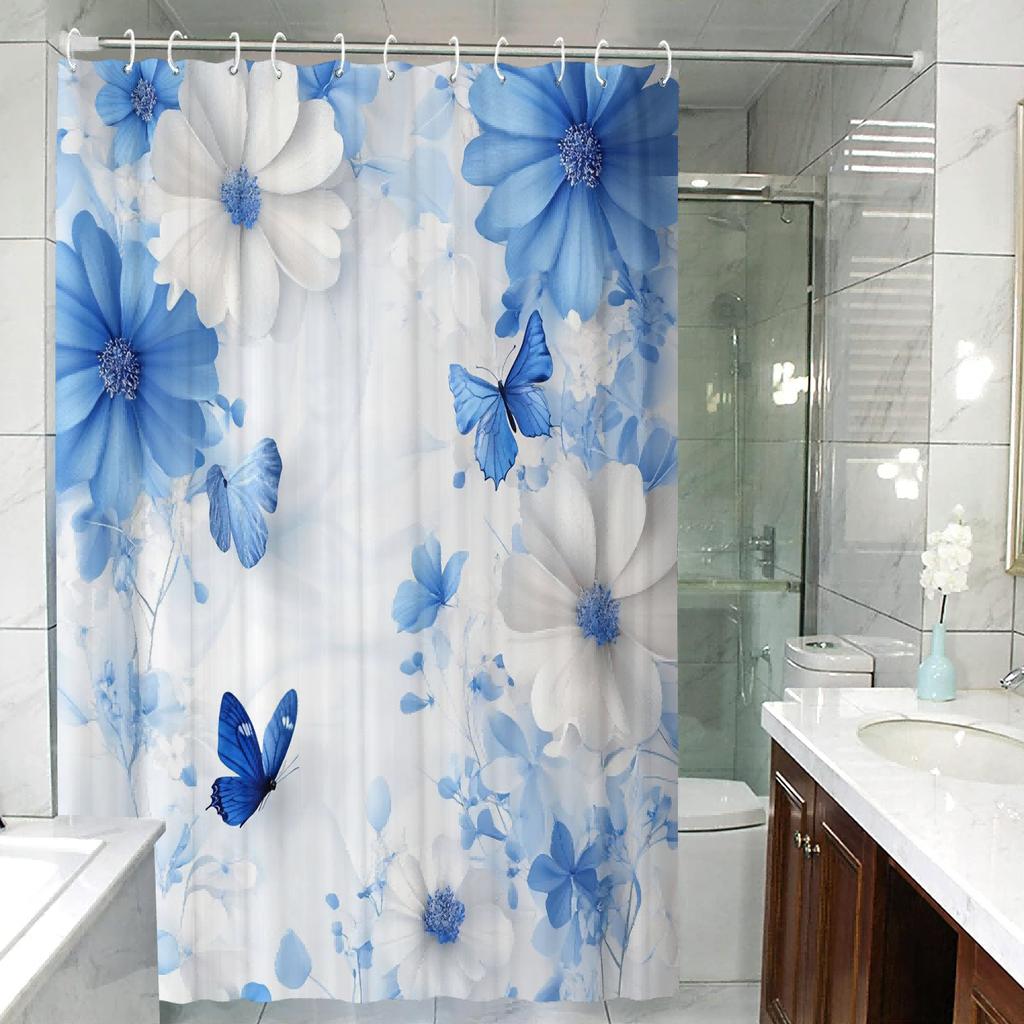 Waterproof Shower Curtain, Blue Butterfly Theme, Graphic Print, Art Inspired, Includes 12 Hooks, Machine Washable, Polyester
