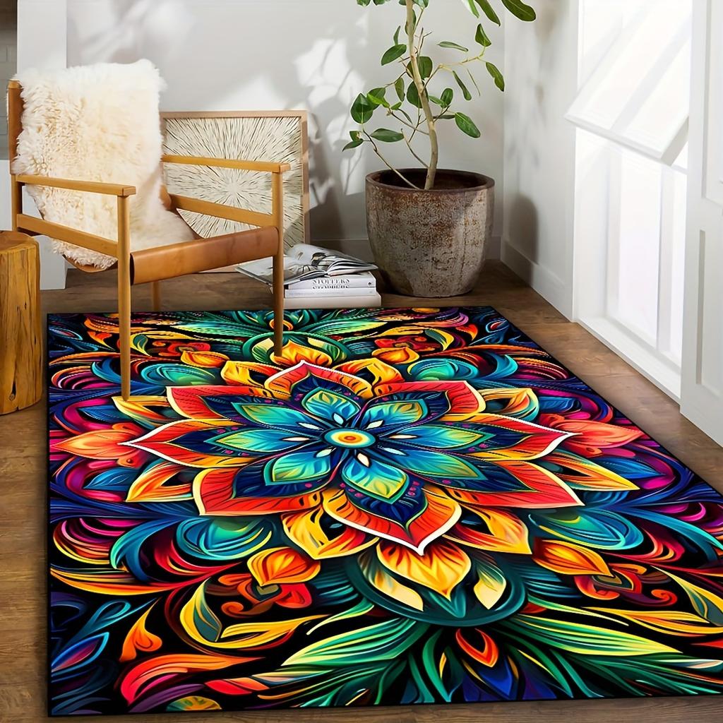 Vintage Mandala Flower Rug - Washable Polyester Indoor/Outdoor Mat, Non-Slip Bohemian Decor for Bedroom & Living Room