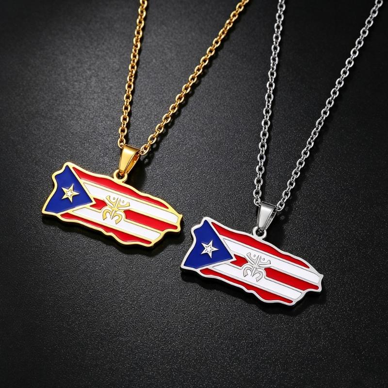 Puerto Rican Map Pendant Necklace with Enamel Style Charm and Polished Chain for Daily Wear, Parties and Gifts