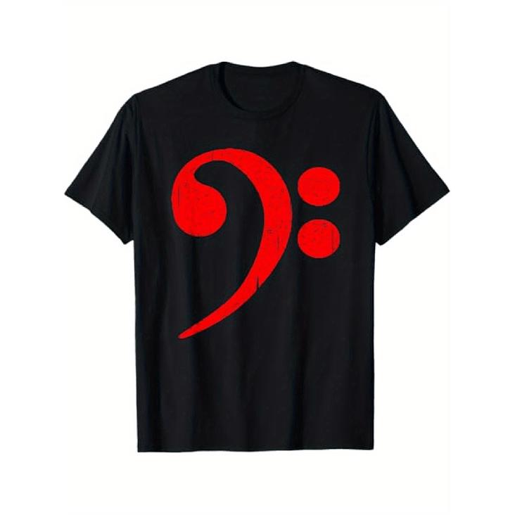 Bass Guitar Clef Graphic T-Shirt - Black Music Tee with Red Note Symbol - Heavyweight 100% Cotton Band Shirt for Bass Players - All-Season Casual S