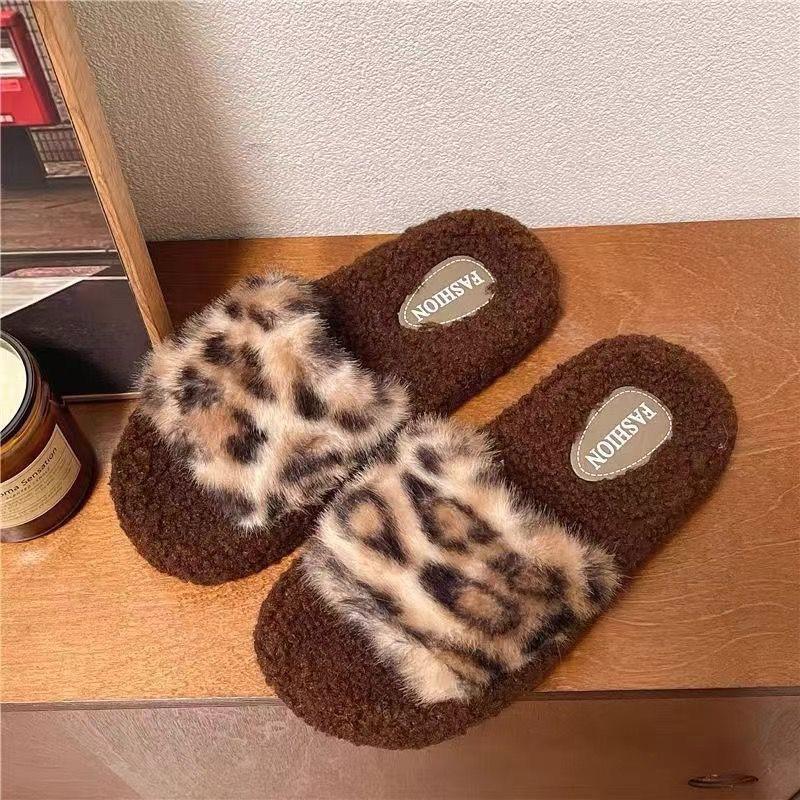 

Leopard Print Fuzzy Slippers for Women - Cute, Non-Slip, Autumn/Winter Indoor Cotton Slippers Size 40-41
