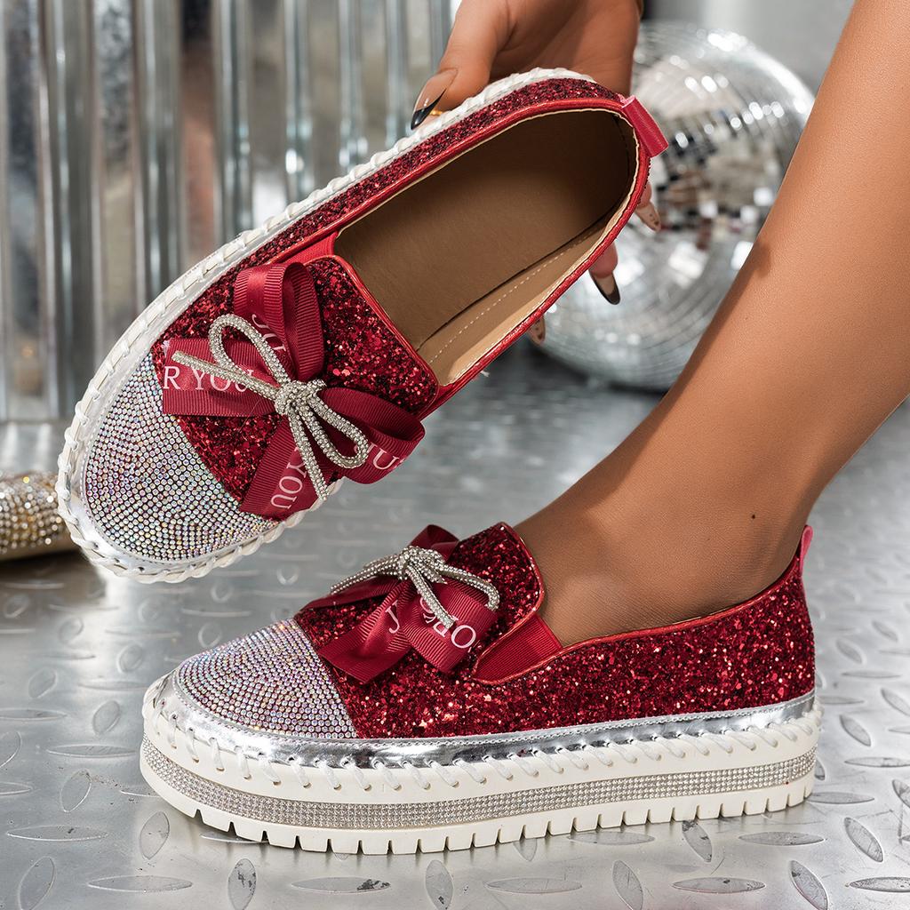 Fashion 2025 New Women Sneakers Couple Fashion Plus Size Sneakers Women Luxury Crystals Bowknot Loafers Sequined Flat Platform Shoes