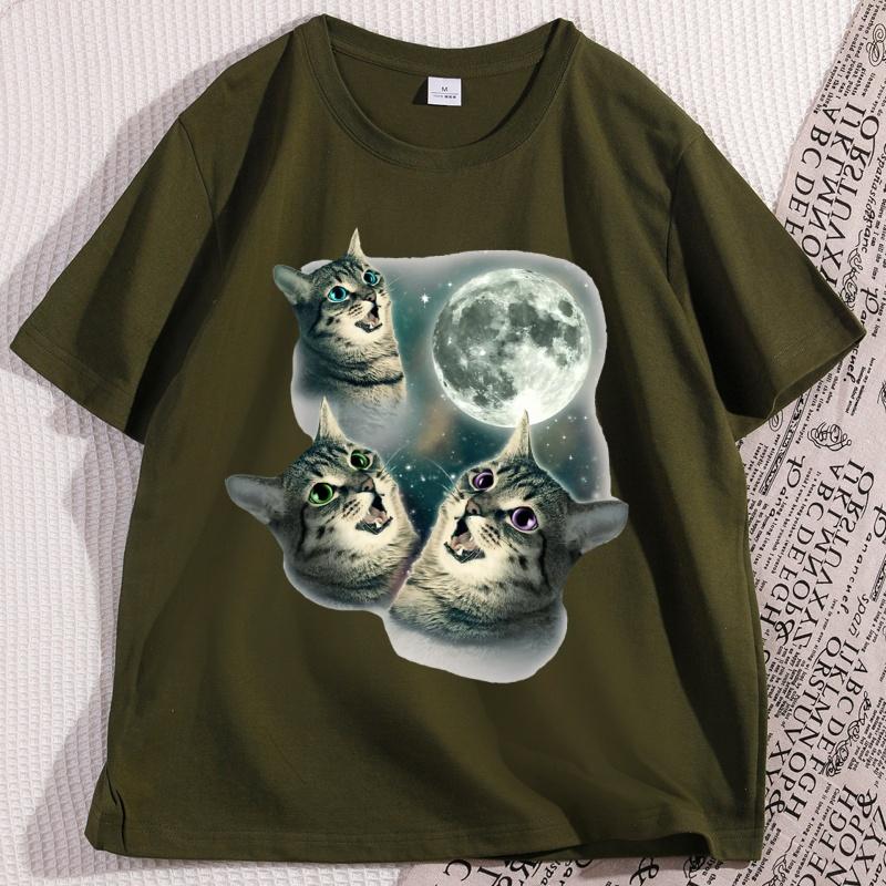 Three Cat Moon T Shirt Man Cotton Short Sleeve Funny Cat Parody Tshirt Wolf Moon Cat Cute Kitten Tshirt Male Clothes Tops