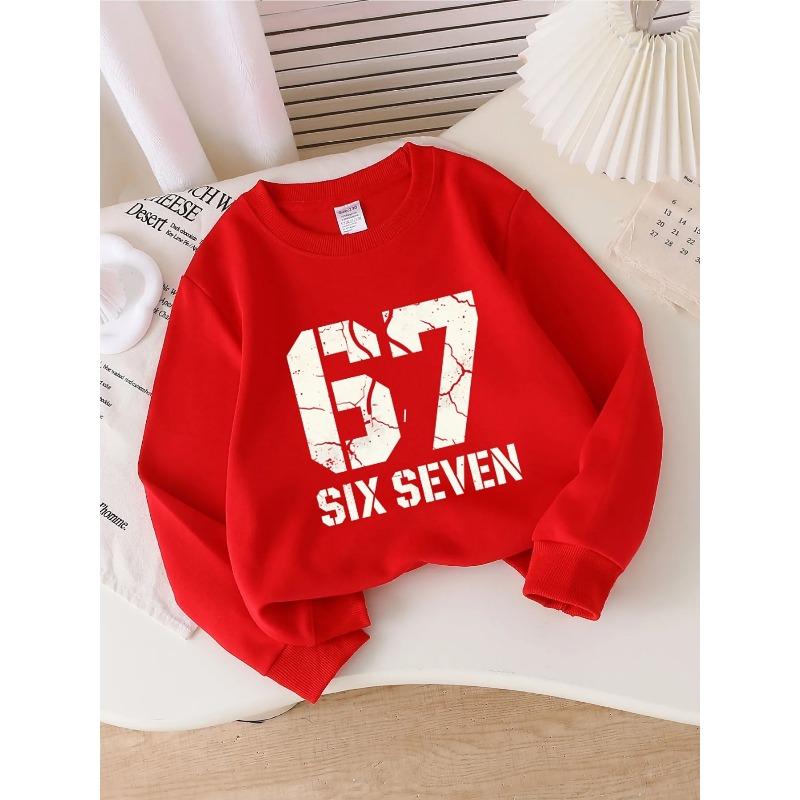 European Sizes Crewneck Sweatshirt for Kids - Six Seven with a Cracked Red And White Design, Ideal for Sports And Casual Outings, Soft And Cozy
