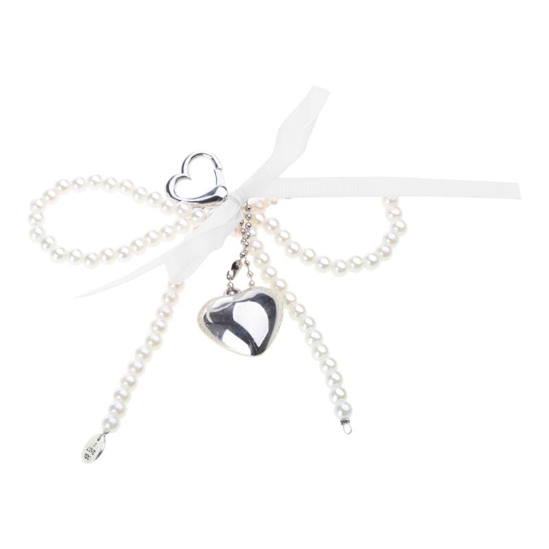 Handgemachter Schleifen-Schlüsselanhänger mit Perlenherz-Dekoration, Handy-Anhänger, Schlüsselring, Taschenanhänger für Handys und Geldbörsen