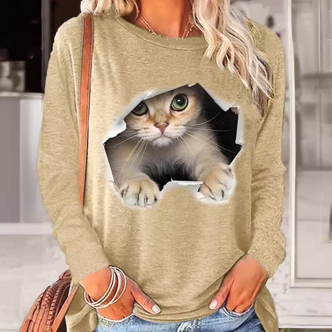 

Женские футболки с круглым вырезом и 3D-принтом с животным узором, модные повседневные с длинным рукавом L