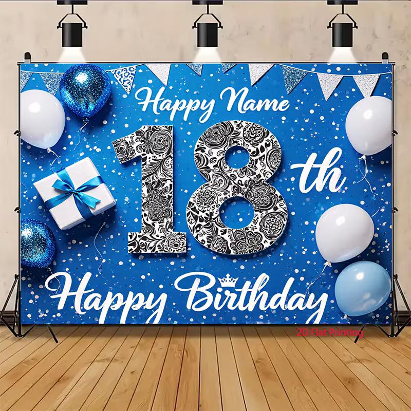 2D Blue & White Balloon Happy 18th Birthday Photography Background Cloth