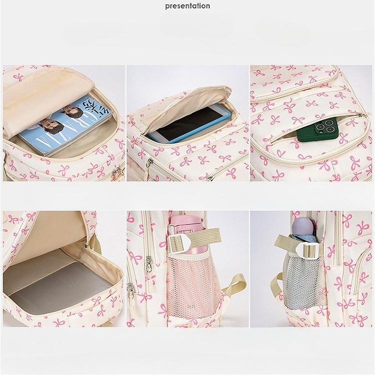 Set de Mochila de Nylon de 3 Piezas Linda Mochila Escolar con Estampado de Lazo para Niñas Mochila Grande con Bolso de Hombro Estuche para Lápices