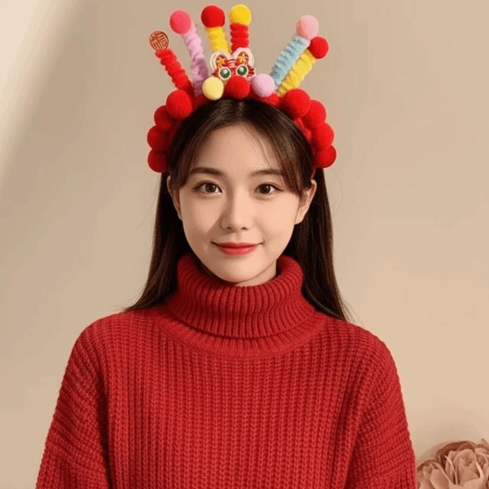 Embroidered Bow New Year Hair Hoop Lion Hanfu Hair Accessories Sweet Red Plush Headband  Kids