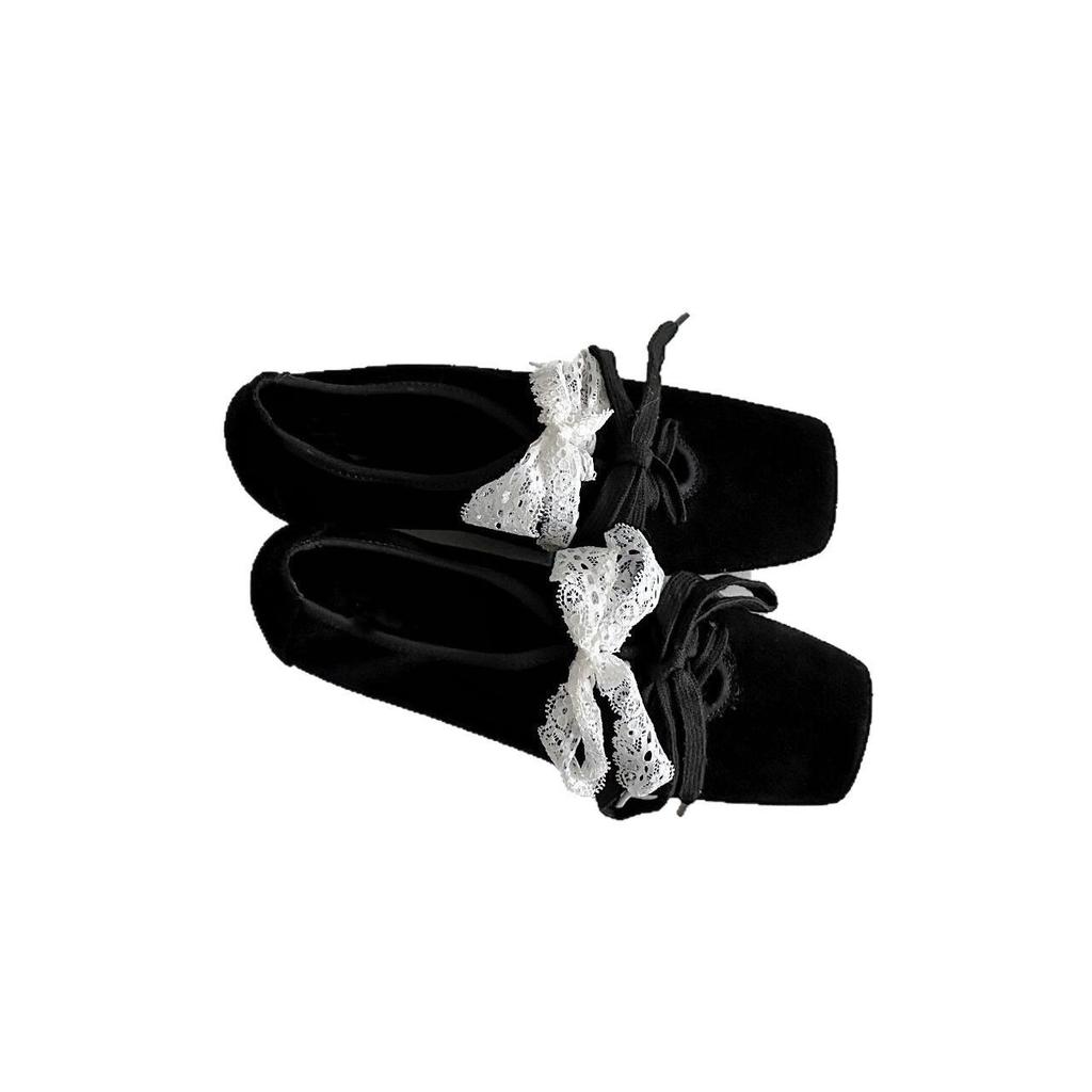 Cowhide version~ French retro lace Mary Jane small leather shoes women's square head thick heel lace-up ballet shoes single shoes women