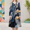 Women Plus Size Two Piece Dress Set Round Neck Long Sleeve Blue Gold Printed Cardigan Sleeveless Dress