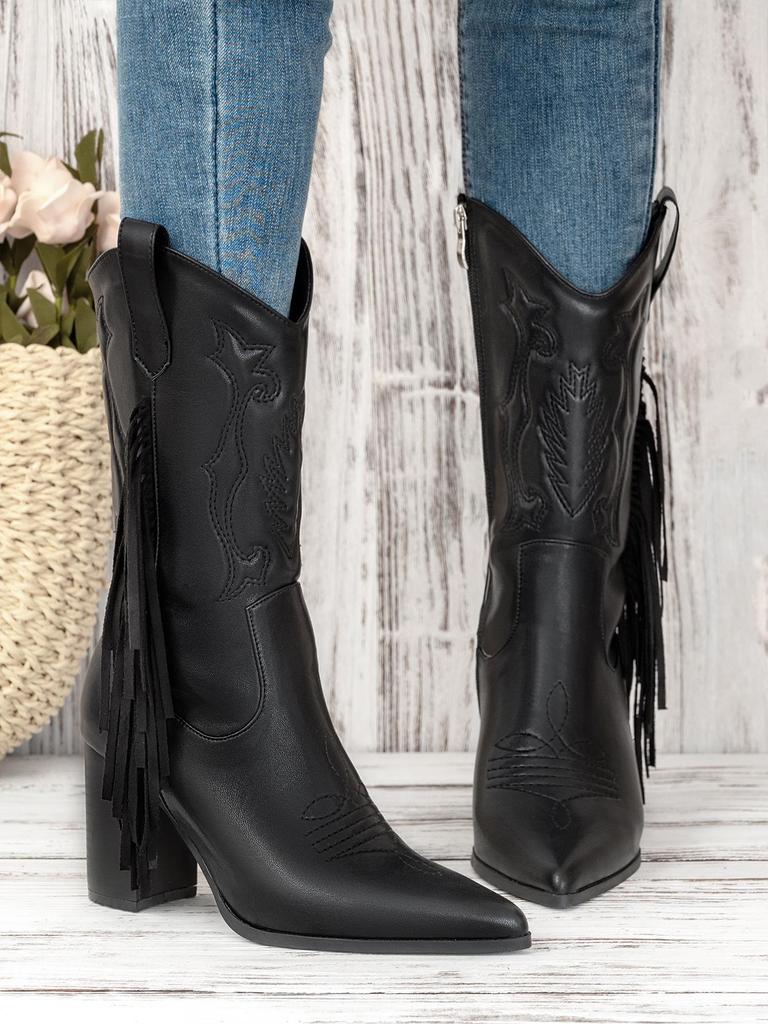 Women's High-Heeled Mid-Calf Boots: European & American Style, Large Sizes, Pointed Toe, Embroidery, Fringe, White, Western Cowboy.