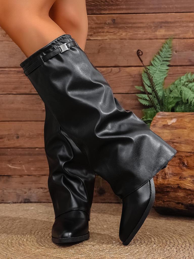 2025 Autumn British Style Ruched Knee-High Chunky Heel Fashion Boots for Women In Plus Sizes