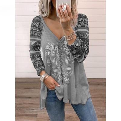 Spring and Autumn Women's V-Neck Pullover Printed Long Sleeve Loose Top