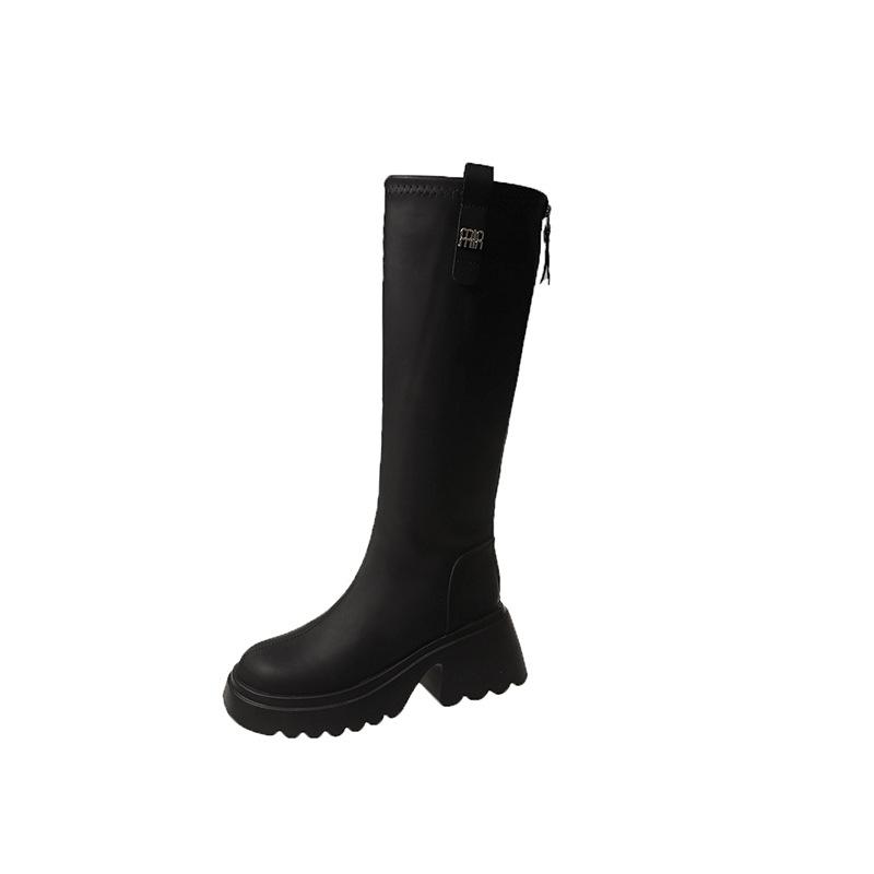 Tall thin boots British style women's boots 2025 new round head rear zipper but knee middle heel boots women