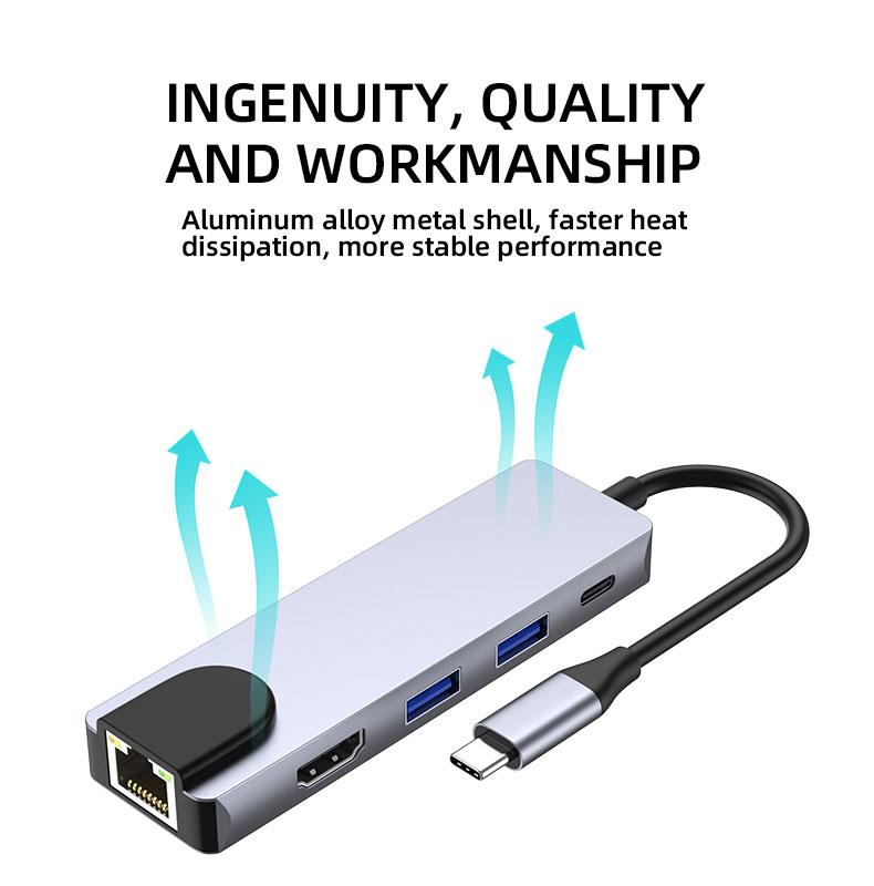 High Quality 5 in 1 USB-C hdmi Hub 5 Ports With 2USB+PD+HDMI+RJ45(1000Mbps) Converter Adapter Fast Charger Type C Hub Multiports