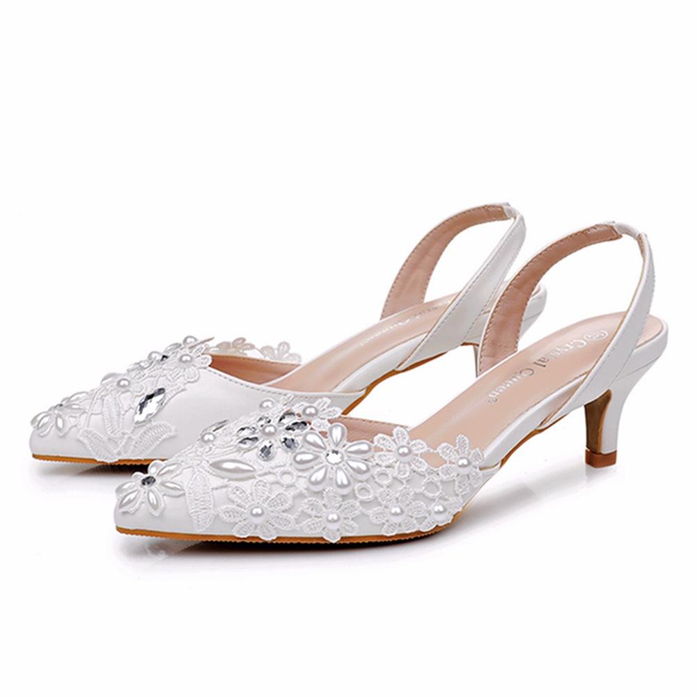 5cm New White Wedding Shoes Bridesmaid Shoes Women's Lace Shoes Fashion High Heels Pearl Pumps