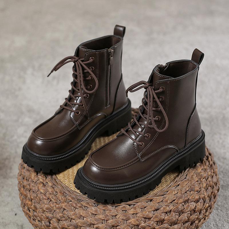 Fashion Short Lace-up Boots Women's New British Style Thick Middle Heels Women Autumn Winter Shoes Platform Black Brown Leather Botines