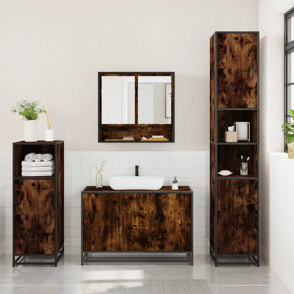 3 Piece Bathroom Furniture Set Smoked Oak Wood Based Material