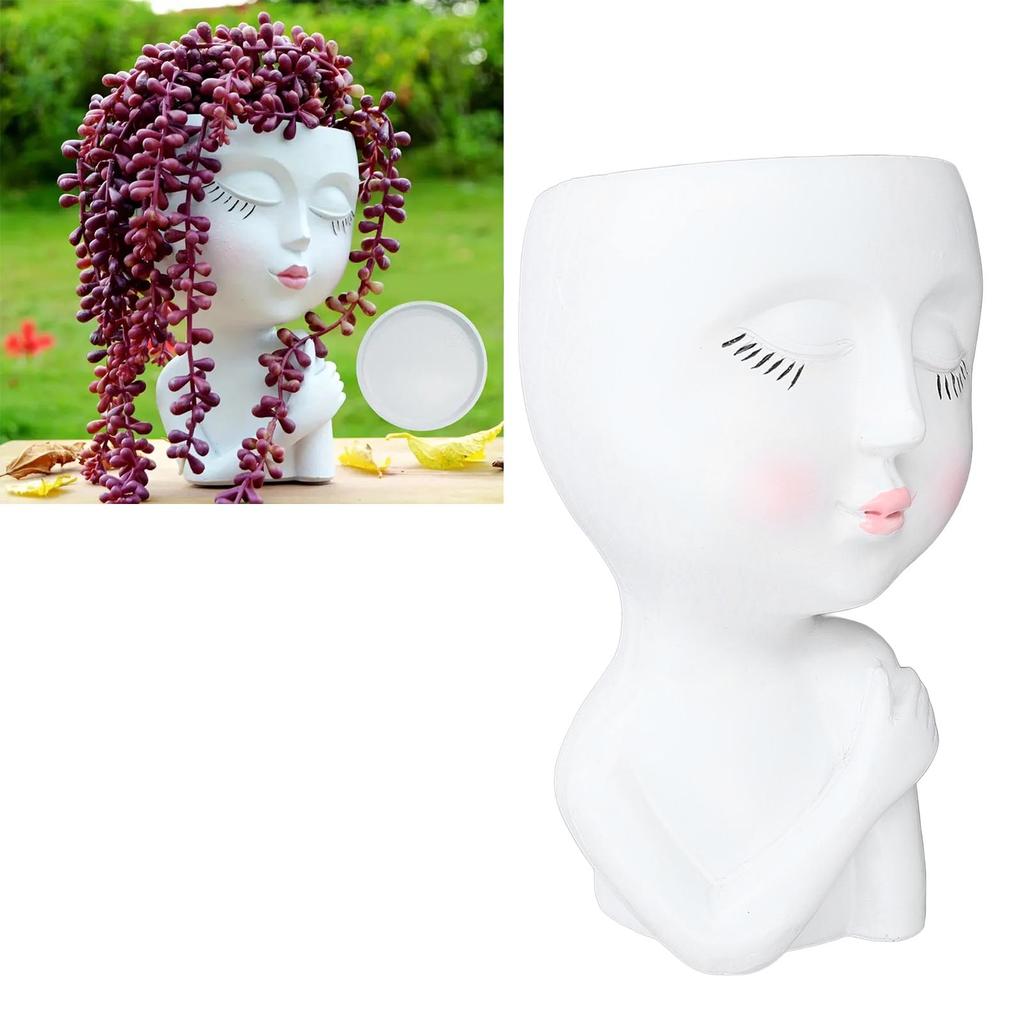 Face Flower Pot Eyes Closing Girl High Density Resin Drainage Hole Multi Purpose Head Planter Pot for   Garden Home