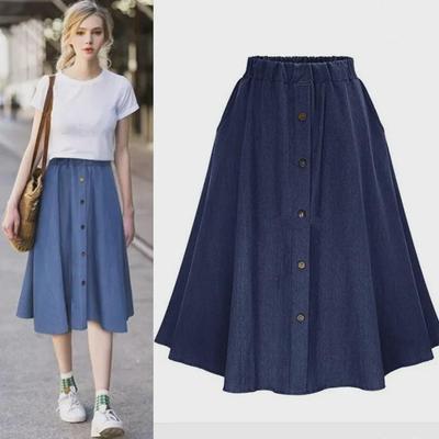 Damen Sommer A-Linien Knopf Elastischer Denimrock