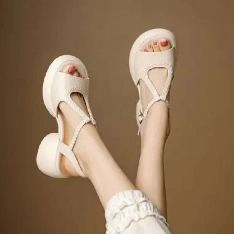 Fairy wind thick-soled thick-heeled sandals summer new woven versatile soft-soled high-heeled fish-mouth shoes