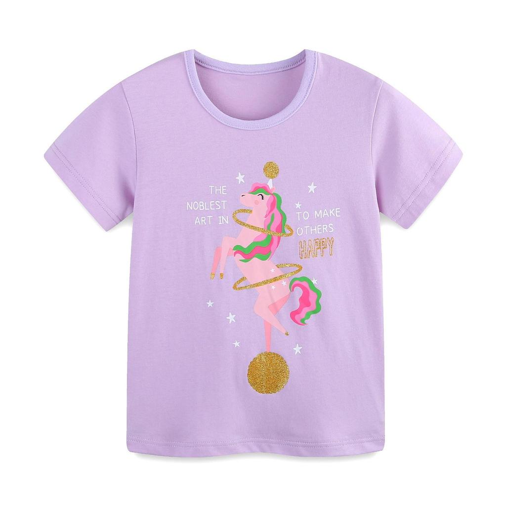 European & American Style Cartoon Print Girls' Cotton T-shirt - Short Sleeve, Summer Fashion for Toddlers