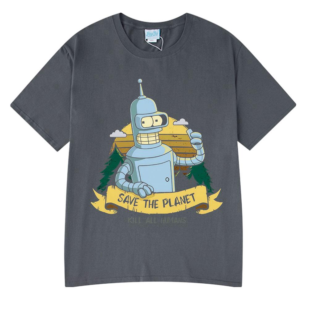 Save The Planet Kill All HuUnisexs Funny Robot Vintage T Shirts Unisex Women Clothing Short Sleeve Tshirts Oversized Cotton Tee Shirt