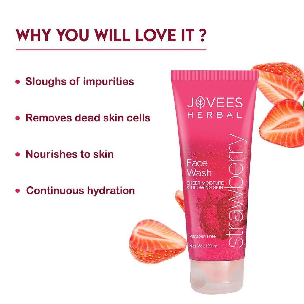 Jovees Herbal Strawberry Face Wash 50ml | Gentle Cleanser For Hydrating Glowing Skin | Brightens Complexion & Removes Pigmentation | For Normal Skin