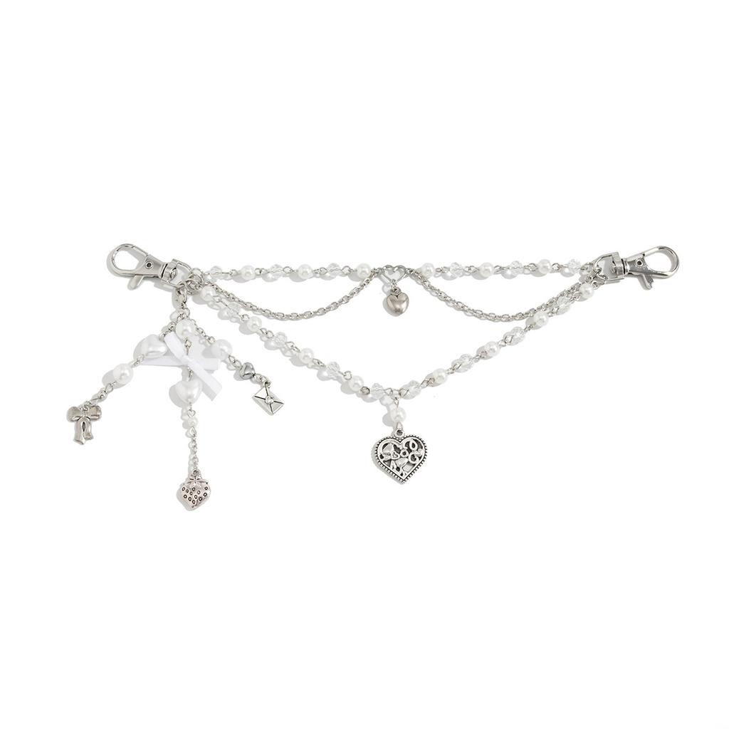 Sweet And Cool Imitation Pearl Beaded Bag Pendant, Creative Love Bow Fringed Bag Chain Pendant
