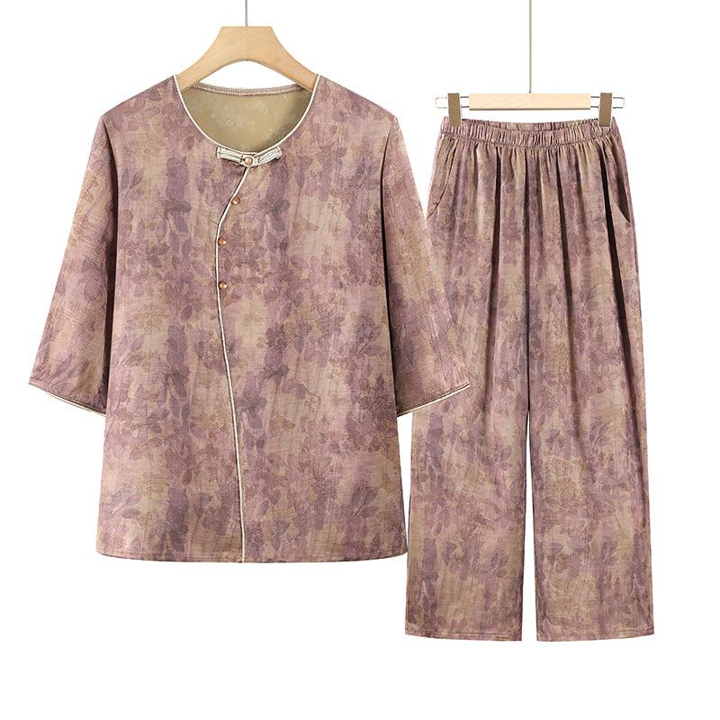 

Stylish Summer Two-Piece Set: Short-Sleeve Top & Long Pants for Middle-Aged and Elderly Women 4XL -- 135-150 jin фіолетовий