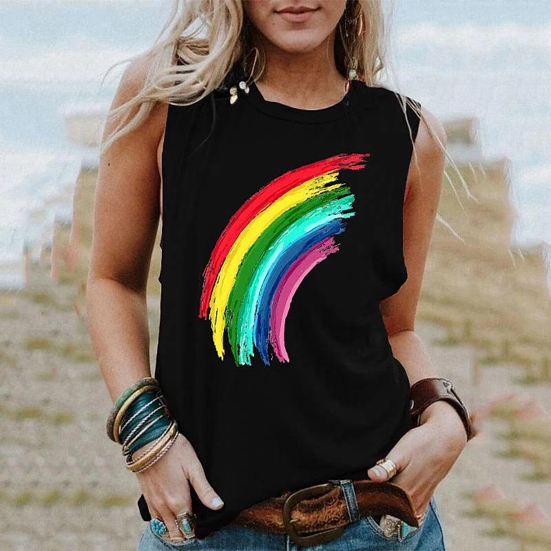 Canottiere Arcobaleno Estive Stampa 3D Donna Moda Casual Streetwear Oversize Scollo a O Canotta Senza Maniche Spalle Scoperte Donna Canottiera