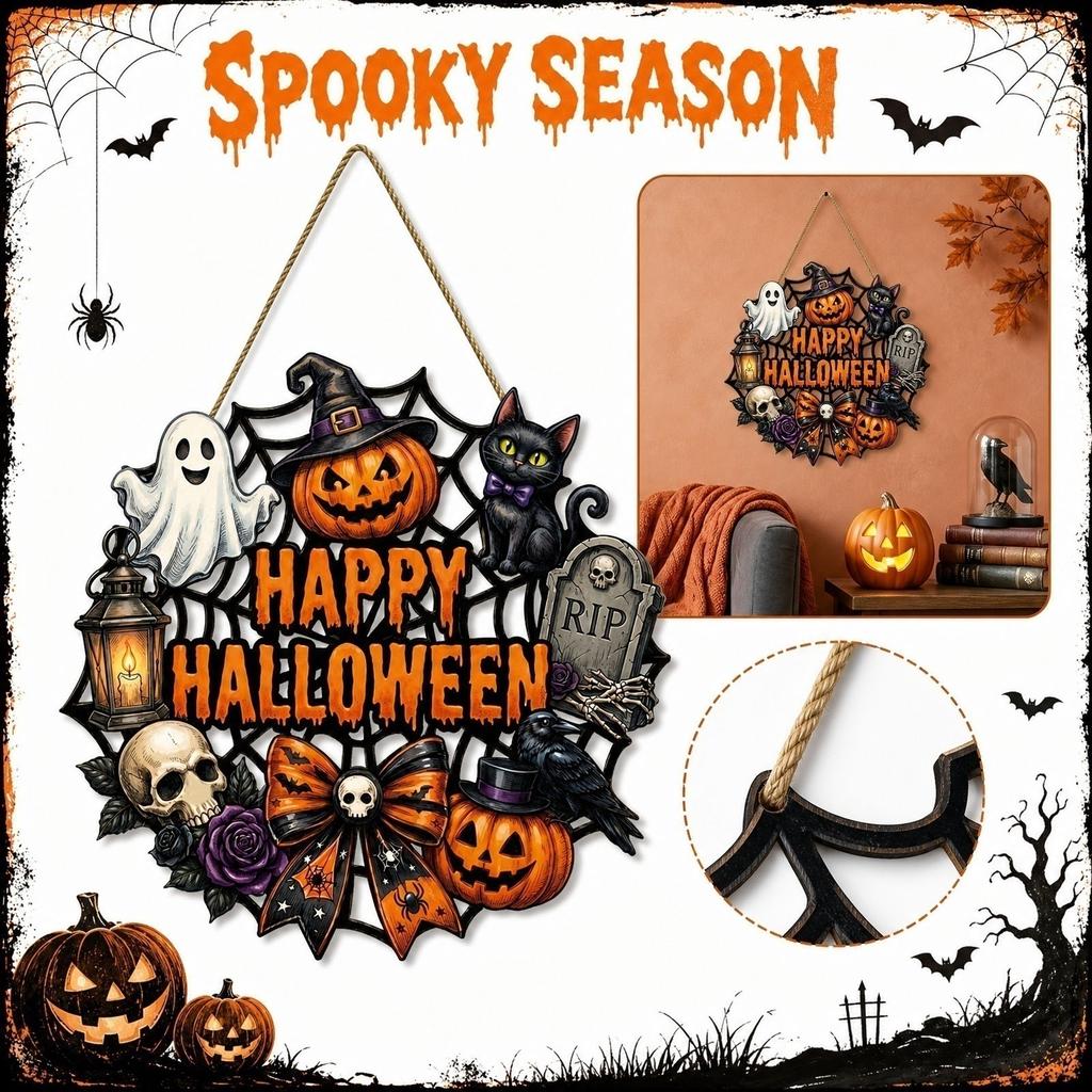 Wooden Halloween Hanging Sign with Spider Web Pumpkin Ghost Cat Skull and Bow for Indoor Outdoor Party Wall Decoration