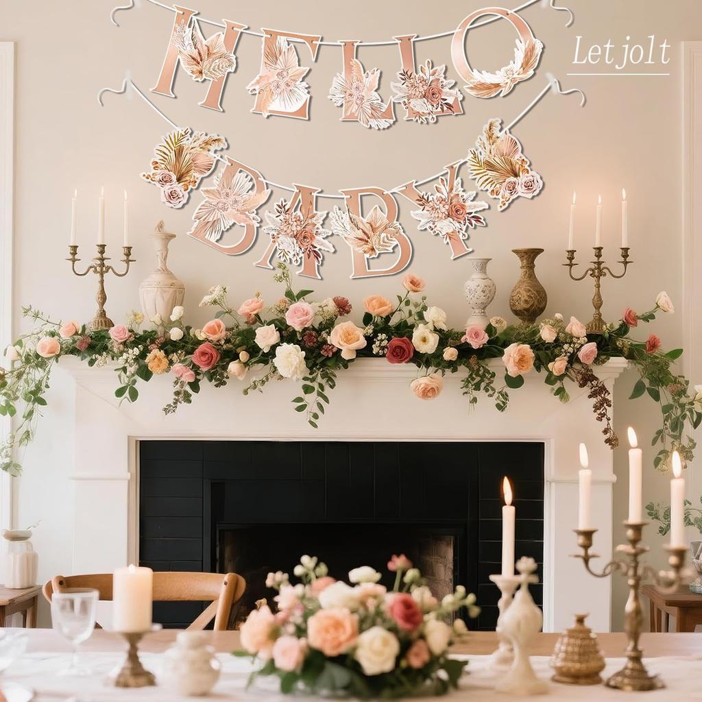 Letjolt Hello Baby Boho Flower Banner Girls Baby Shower Letter Garland Floral Birthday Gender Reveal Party Banner Nursery Decorations 12pcs