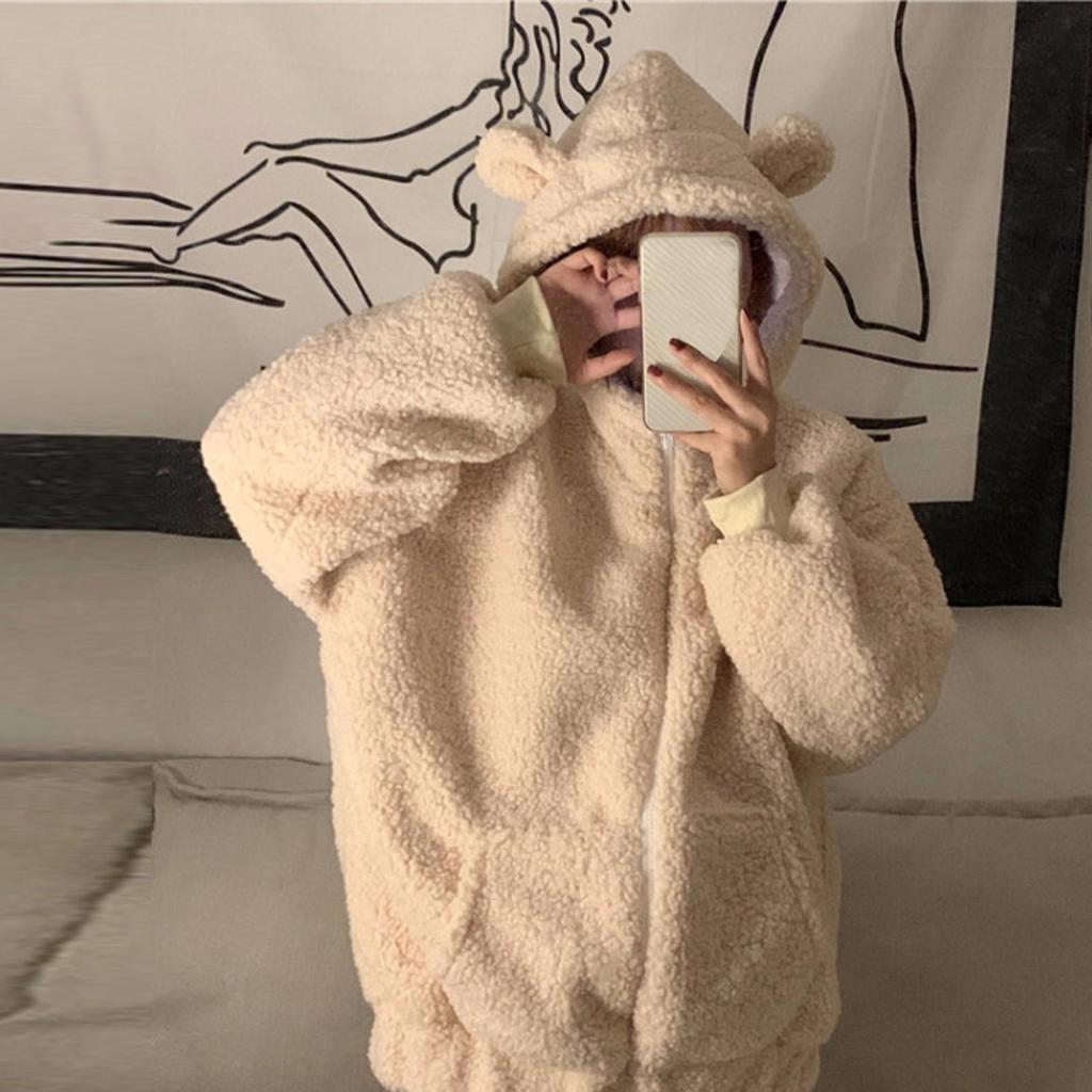 Women's Solid Color Long Sleeve Cute Ear Hooded Zipper Pocket Jacket