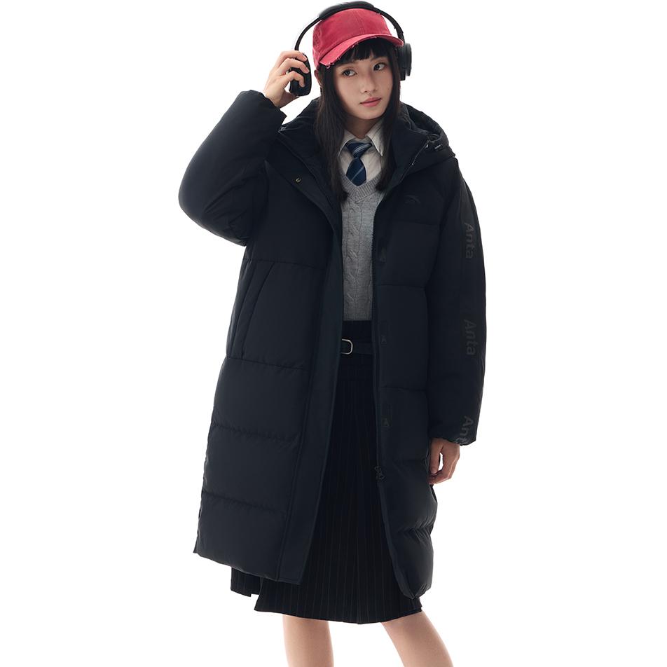Anta Letter Zipper Hooded Comfortable Breathable Versatile Casual Long Down Jacket Women outerwear Basic-Black 962448902-4