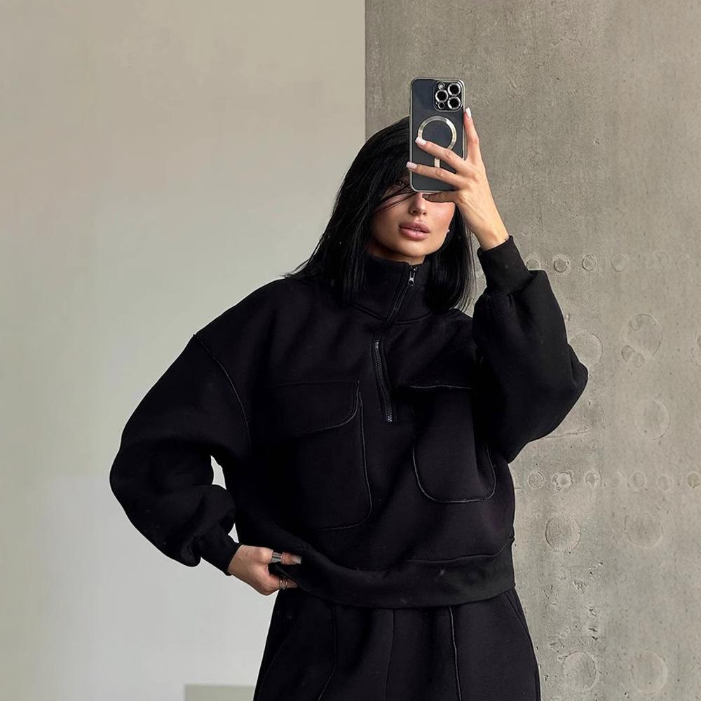 Autumn and Winter Casual Suit Women's Fashion Street Style Sweater Sports Suit Half Open Pocket Jumper Trousers Women