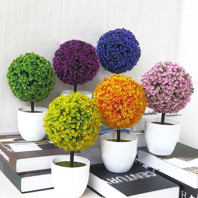 Artificial Potted Plant Plastic Grass Ball Topiary Tree W/ Pot Home Table Decor